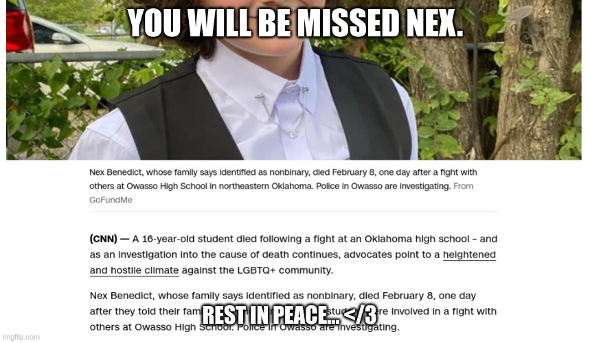 to nex's family: im sure nex was a good kid and im so so sorry for your recent lossto the people who did this: go to hell | YOU WILL BE MISSED NEX. REST IN PEACE... </3 | image tagged in death,bullying,rest in peace,go to hell | made w/ Imgflip meme maker