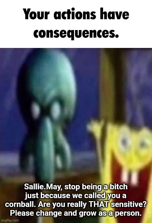 Your actions have consequences. | Sallie.May, stop being a bitch just because we called you a cornball. Are you really THAT sensitive? Please change and grow as a person. | image tagged in your actions have consequences | made w/ Imgflip meme maker