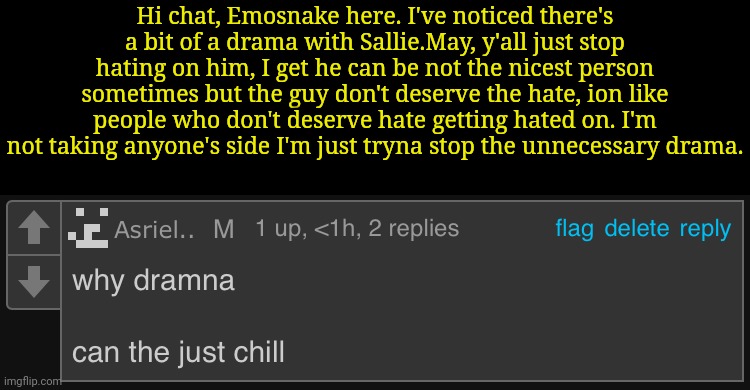 can the just chill | Hi chat, Emosnake here. I've noticed there's a bit of a drama with Sallie.May, y'all just stop hating on him, I get he can be not the nicest person sometimes but the guy don't deserve the hate, ion like people who don't deserve hate getting hated on. I'm not taking anyone's side I'm just tryna stop the unnecessary drama. | image tagged in can the just chill | made w/ Imgflip meme maker