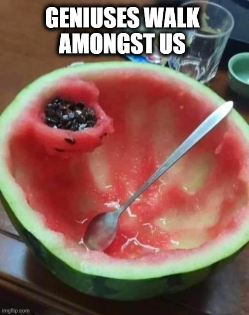 GENIUSES WALK 
AMONGST US | image tagged in watermelon,genius | made w/ Imgflip meme maker
