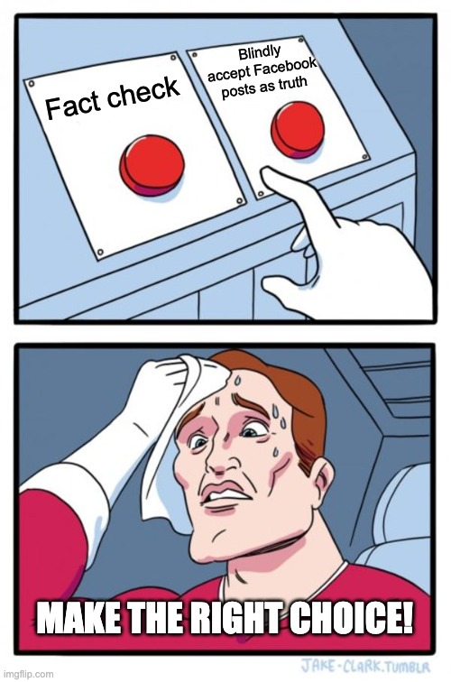 media literacy | Blindly accept Facebook posts as truth; Fact check; MAKE THE RIGHT CHOICE! | image tagged in memes,two buttons | made w/ Imgflip meme maker