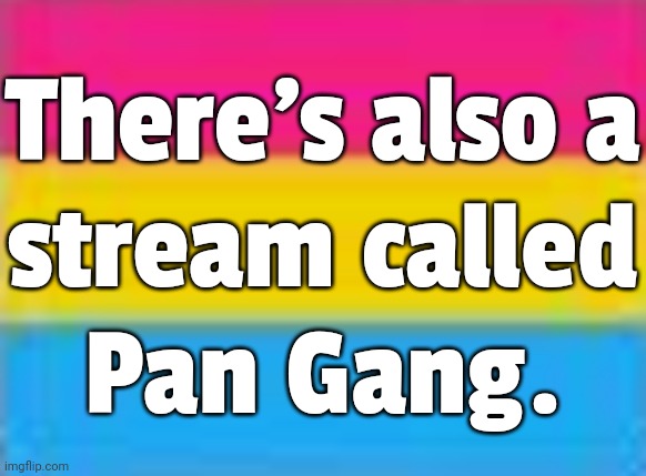 Link in comment. | There's also a
stream called
Pan Gang. | image tagged in pansexual pride flag,imgflip news,lgbt | made w/ Imgflip meme maker
