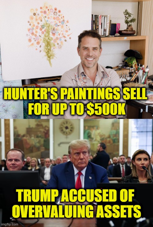 Estimated value | HUNTER'S PAINTINGS SELL 
FOR UP TO $500K; TRUMP ACCUSED OF 
OVERVALUING ASSETS | image tagged in trump,hunter | made w/ Imgflip meme maker