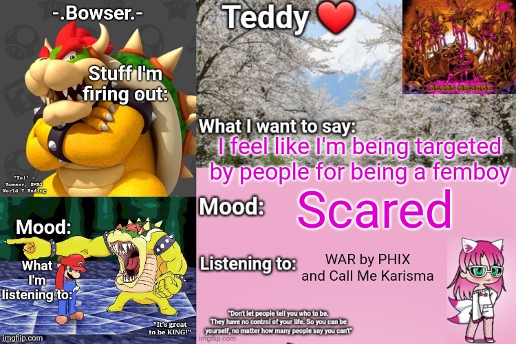 also prob cause I said smth Abt the hub | I feel like I'm being targeted by people for being a femboy; Scared; WAR by PHIX and Call Me Karisma | image tagged in bowser and teddy's shared announcement temp | made w/ Imgflip meme maker