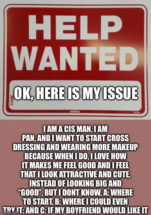 HELP WANTED | I AM A CIS MAN, I AM PAN, AND I WANT TO START CROSS DRESSING AND WEARING MORE MAKEUP BECAUSE WHEN I DO, I LOVE HOW IT MAKES ME FEEL GOOD AND I FEEL THAT I LOOK ATTRACTIVE AND CUTE, INSTEAD OF LOOKING BIG AND “GOOD”, BUT I DONT KNOW, A: WHERE TO START, B: WHERE I COULD EVEN TRY IT: AND C: IF MY BOYFRIEND WOULD LIKE IT; OK, HERE IS MY ISSUE | image tagged in help wanted | made w/ Imgflip meme maker