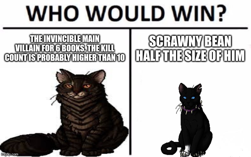 hint: the scrawny bean won | THE INVINCIBLE MAIN VILLAIN FOR 6 BOOKS, THE KILL COUNT IS PROBABLY HIGHER THAN 10; SCRAWNY BEAN HALF THE SIZE OF HIM | image tagged in memes,who would win | made w/ Imgflip meme maker