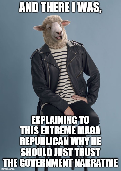 Sheeple | AND THERE I WAS, EXPLAINING TO THIS EXTREME MAGA REPUBLICAN WHY HE SHOULD JUST TRUST THE GOVERNMENT NARRATIVE | image tagged in sheeple,sheep,government,government corruption,us government,false flag | made w/ Imgflip meme maker