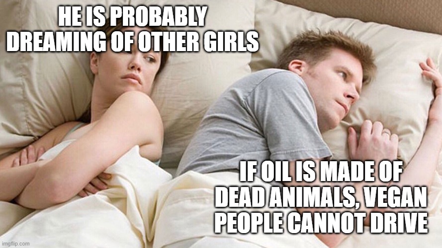 Vegans | HE IS PROBABLY DREAMING OF OTHER GIRLS; IF OIL IS MADE OF DEAD ANIMALS, VEGAN PEOPLE CANNOT DRIVE | image tagged in he's probably thinking about girls,memes | made w/ Imgflip meme maker