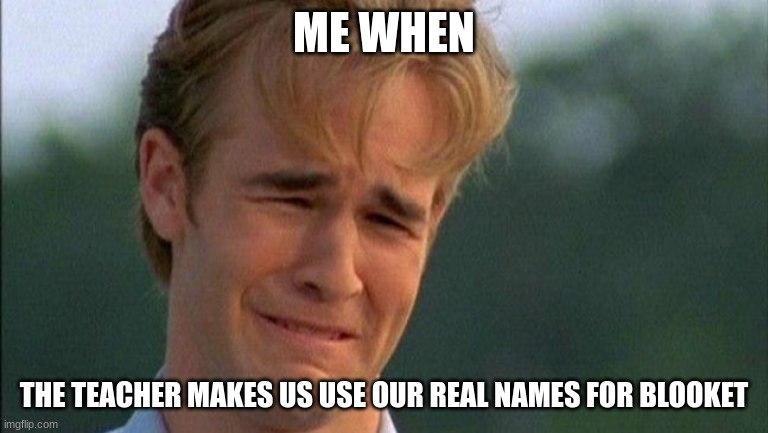 crying dawson | ME WHEN; THE TEACHER MAKES US USE OUR REAL NAMES FOR BLOOKET | image tagged in crying dawson,blooket,sad | made w/ Imgflip meme maker