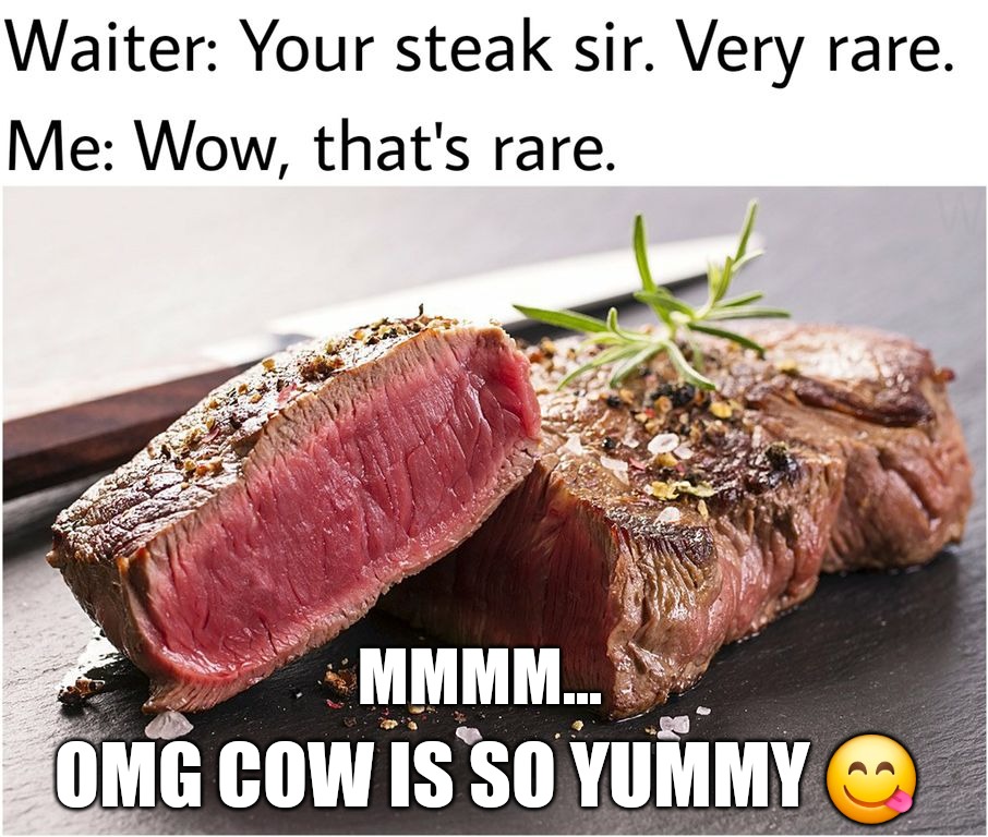 rare steak meme | MMMM... OMG COW IS SO YUMMY 😋 | image tagged in rare steak meme | made w/ Imgflip meme maker