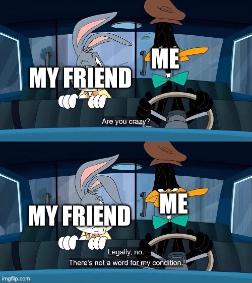 are you crazy?! | ME; MY FRIEND; ME; MY FRIEND | image tagged in are you crazy | made w/ Imgflip meme maker