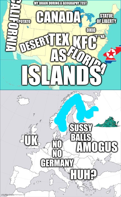 my 2 braincells in a test | MY BRAIN DURING A GEOGRAPHY TEST; CANADA; STATUE OF LIBERTY; CALIFORNIA; POTATO; OHIO; TEX
AS; VA***NA; KFC; DESERT; FLORIDA; ISLANDS; SUSSY BALLS; AMOGUS; NO NO GERMANY; UK; HUH? | image tagged in usa map,blank europe map | made w/ Imgflip meme maker