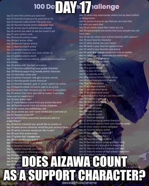 day 17 | DAY 17; DOES AIZAWA COUNT AS A SUPPORT CHARACTER? | image tagged in 100 day anime challenge,mha,anime,aizawa | made w/ Imgflip meme maker