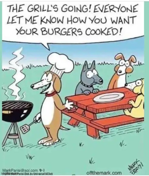I'm guessing "rare"? | image tagged in funny,dogs,funny animals,cook,barbecue,lol | made w/ Imgflip meme maker