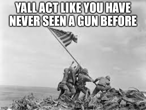 raising the flag | YALL ACT LIKE YOU HAVE NEVER SEEN A GUN BEFORE | image tagged in raising the flag | made w/ Imgflip meme maker