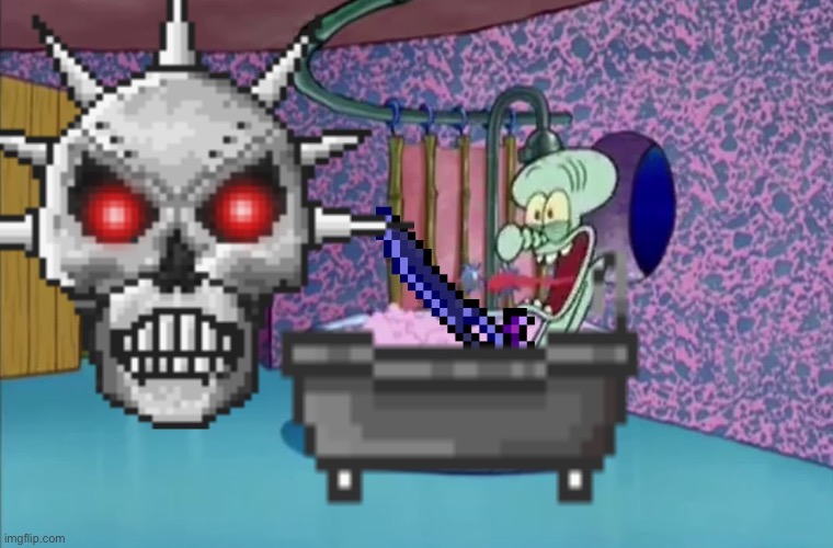 Skeletron Prime drops by Squidward's house | image tagged in skeletron prime drops by squidward's house | made w/ Imgflip meme maker