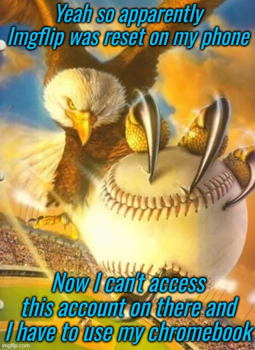 Womp Womp | Yeah so apparently Imgflip was reset on my phone; Now I can't access this account on there and I have to use my chromebook | image tagged in eagle holding baseball | made w/ Imgflip meme maker