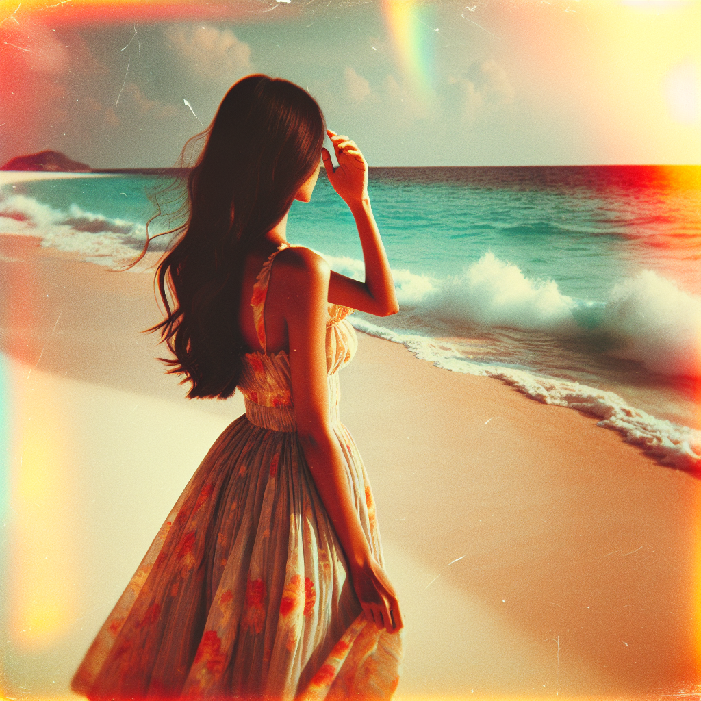 Girl in a flowing dress looking at the sea in admiration; photog Blank Meme Template