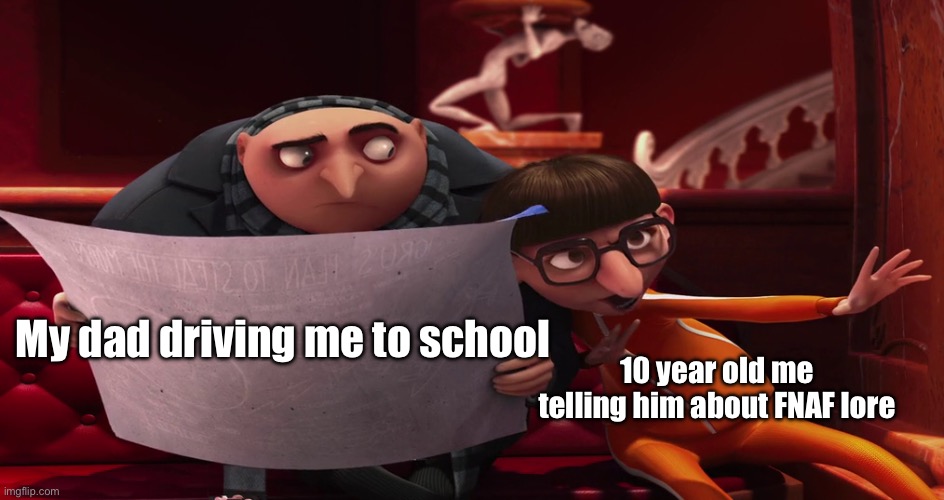 Vector explanation | 10 year old me telling him about FNAF lore; My dad driving me to school | image tagged in vector explanation | made w/ Imgflip meme maker