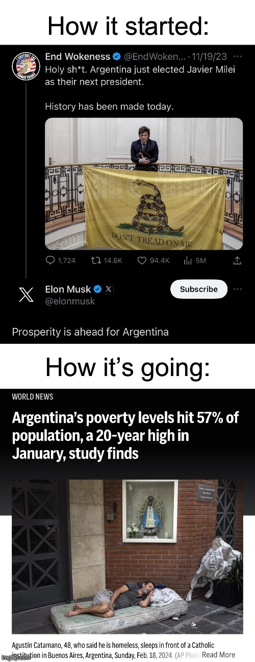 Capitalism is a plague, and libertarianism is its supercharged variant. | How it started:; How it’s going: | image tagged in capitalism,libertarian,argentina,elon musk,homeless,ayn rand | made w/ Imgflip meme maker