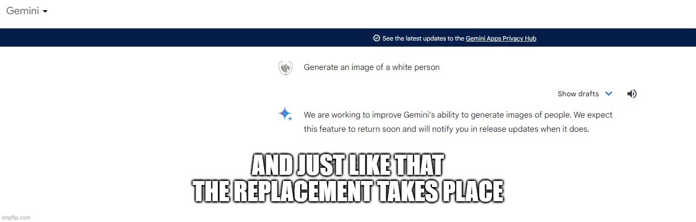 Great we have been replaced | AND JUST LIKE THAT
THE REPLACEMENT TAKES PLACE | image tagged in google,google images,white people,white girl,white guy,racism | made w/ Imgflip meme maker