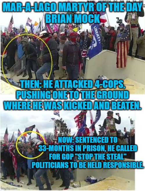 "If you don't fight like hell, you're not going to have a country anymore." Donald Trump, "Stop the Steal," Rally-1-6-21 | MAR-A-LAGO MARTYR OF THE DAY
BRIAN MOCK; THEN: HE ATTACKED 4-COPS, PUSHING ONE TO THE GROUND WHERE HE WAS KICKED AND BEATEN. NOW: SENTENCED TO 33-MONTHS IN PRISON, HE CALLED FOR GOP "STOP THE STEAL" POLITICIANS TO BE HELD RESPONSIBLE. | image tagged in politics | made w/ Imgflip meme maker