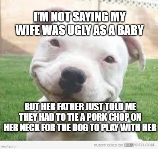 Happy Friday Puppy | I'M NOT SAYING MY WIFE WAS UGLY AS A BABY; BUT HER FATHER JUST TOLD ME THEY HAD TO TIE A PORK CHOP ON HER NECK FOR THE DOG TO PLAY WITH HER | image tagged in happy friday puppy | made w/ Imgflip meme maker