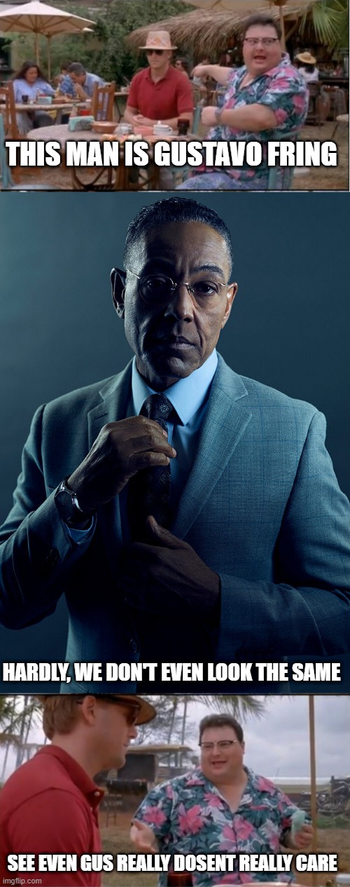 gus dosent even care | THIS MAN IS GUSTAVO FRING; HARDLY, WE DON'T EVEN LOOK THE SAME; SEE EVEN GUS REALLY DOSENT REALLY CARE | image tagged in gus fring we are not the same | made w/ Imgflip meme maker