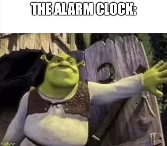 Shrek opens the door | THE ALARM CLOCK: | image tagged in shrek opens the door | made w/ Imgflip meme maker