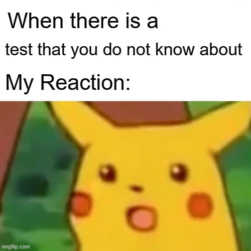 PIKA PIKA | When there is a; test that you do not know about; My Reaction: | image tagged in memes,surprised pikachu | made w/ Imgflip meme maker