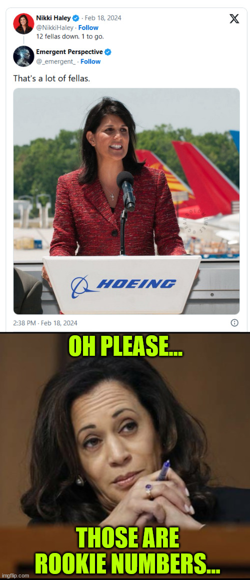 12 fellas down... 1 to go... | OH PLEASE... THOSE ARE ROOKIE NUMBERS... | image tagged in kamala harris,nikki haley,rookie numbers,kamala is the queen of suck | made w/ Imgflip meme maker