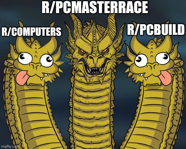 Three headed Dragon but stupid | R/PCMASTERRACE; R/COMPUTERS; R/PCBUILD | image tagged in three headed dragon but stupid | made w/ Imgflip meme maker