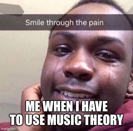 smile through the pain | ME WHEN I HAVE TO USE MUSIC THEORY | image tagged in smile through the pain | made w/ Imgflip meme maker