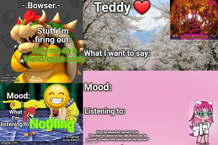 Bowser and Teddy's shared announcement temp | Rate me on a friend/crush scale; 😁; Nothing | image tagged in bowser and teddy's shared announcement temp | made w/ Imgflip meme maker