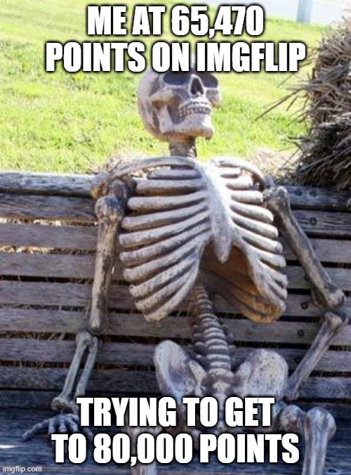 imgflip still waiting | ME AT 65,470 POINTS ON IMGFLIP; TRYING TO GET TO 80,000 POINTS | image tagged in memes,waiting skeleton | made w/ Imgflip meme maker