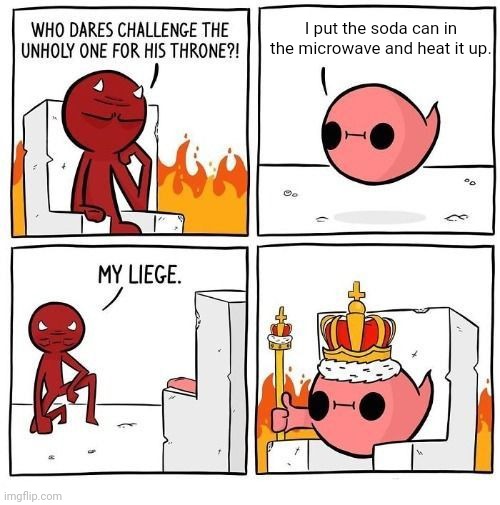 Soda can | I put the soda can in the microwave and heat it up. | image tagged in who dares challenge the unholy one,soda,soda can,microwave,memes,can | made w/ Imgflip meme maker