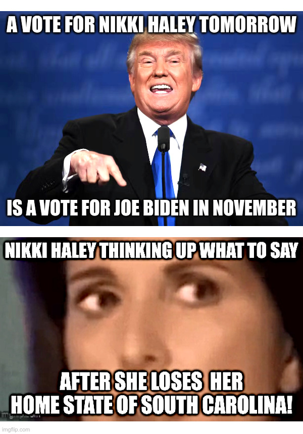 A Vote For Nikki Haley Tomorrow Is A Vote For Joe Biden In November! | image tagged in donald trump,nikki haley,tomorrow,votes,joe biden,november | made w/ Imgflip meme maker