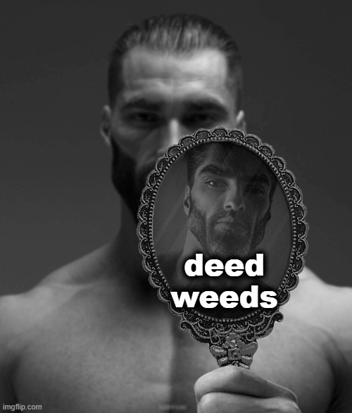 Giga Chad shows Giga Chad a mirror | deed
weeds | image tagged in giga chad shows giga chad a mirror | made w/ Imgflip meme maker