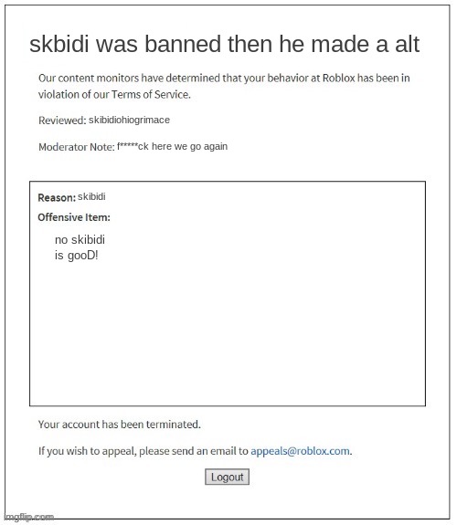 Moderation System | skbidi was banned then he made a alt f*****ck here we go again skibidiohiogrimace skibidi no skibidi is gooD! | image tagged in moderation system | made w/ Imgflip meme maker