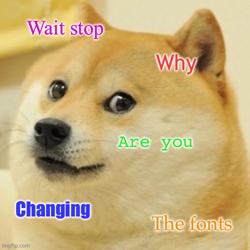 Doge Meme | Wait stop; Why; Are you; Changing; The fonts | image tagged in memes,doge | made w/ Imgflip meme maker