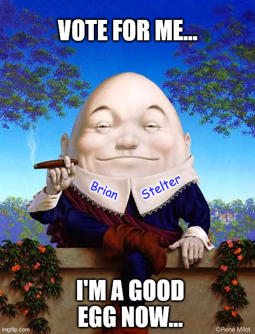 Republican... LOL... yes... Brian Stelter for NJ school board | VOTE FOR ME... Stelter; Brian; I'M A GOOD EGG NOW... | image tagged in humpty dumpty,brian stelter,fooling,nobody | made w/ Imgflip meme maker