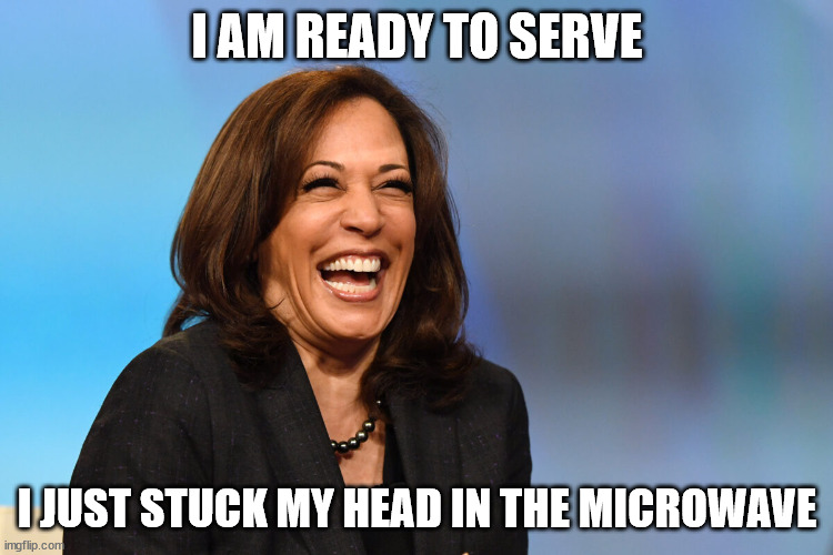 No really I did! | I AM READY TO SERVE; I JUST STUCK MY HEAD IN THE MICROWAVE | image tagged in kamala harris laughing | made w/ Imgflip meme maker