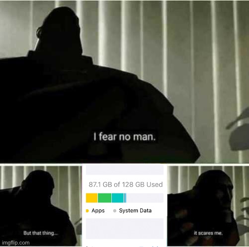 GB storage is the definition of Anxiety | image tagged in i fear no man but that thing it scares me | made w/ Imgflip meme maker