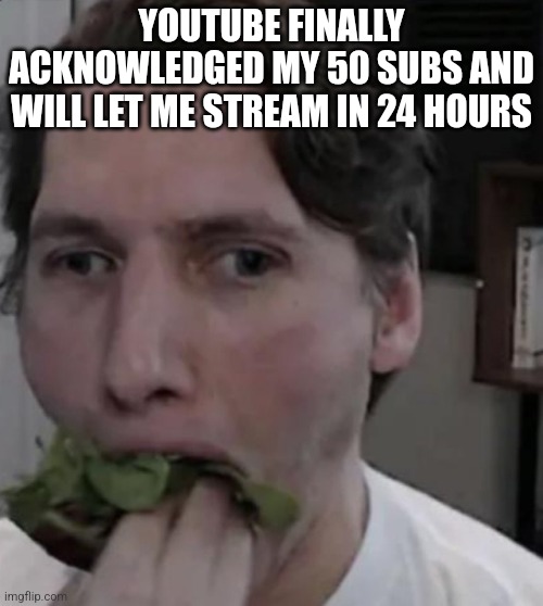 Hopefully | YOUTUBE FINALLY ACKNOWLEDGED MY 50 SUBS AND WILL LET ME STREAM IN 24 HOURS | image tagged in jerma eating lettuce | made w/ Imgflip meme maker