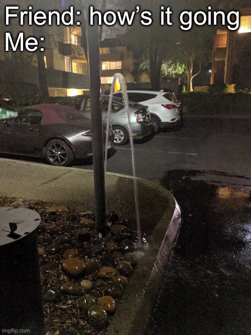 Broken sprinkler | Friend: how’s it going
Me: | image tagged in broken sprinkler | made w/ Imgflip meme maker