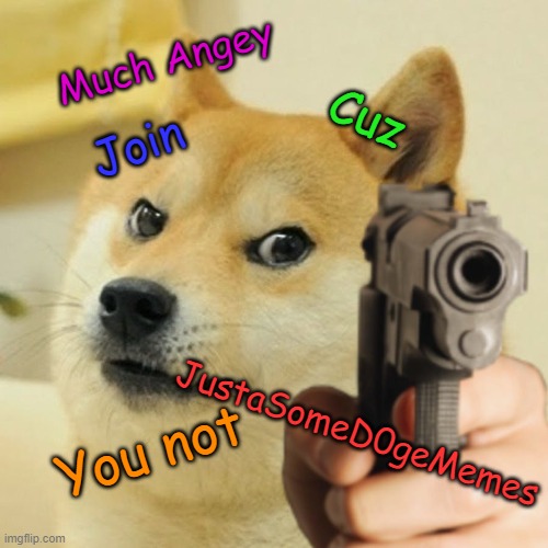 I will try to put link in comment. You can repost your memes from this stream to My JustaSomeD0geMemes. I need a moderater. Firs | Much Angey; Cuz; Join; JustaSomeD0geMemes; You not | image tagged in gun doge | made w/ Imgflip meme maker
