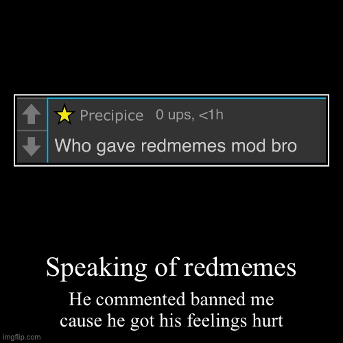 Speaking of redmemes | He commented banned me cause he got his feelings hurt | image tagged in funny,demotivationals | made w/ Imgflip demotivational maker