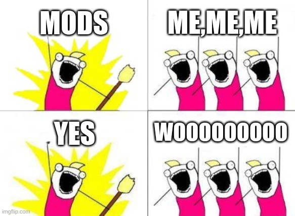 What Do We Want | MODS; ME,ME,ME; WOOOOOOOOO; YES | image tagged in memes,what do we want | made w/ Imgflip meme maker