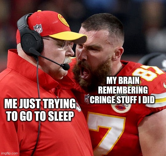 Travis Kelce screaming | MY BRAIN REMEMBERING CRINGE STUFF I DID; ME JUST TRYING TO GO TO SLEEP | image tagged in travis kelce screaming | made w/ Imgflip meme maker