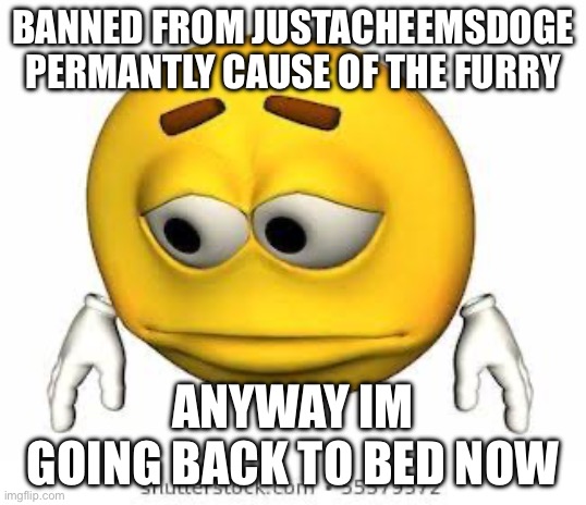 Sad stock emoji | BANNED FROM JUSTACHEEMSDOGE PERMANENTLY CAUSE OF THE FURRY; ANYWAY IM GOING BACK TO BED NOW | image tagged in sad stock emoji | made w/ Imgflip meme maker